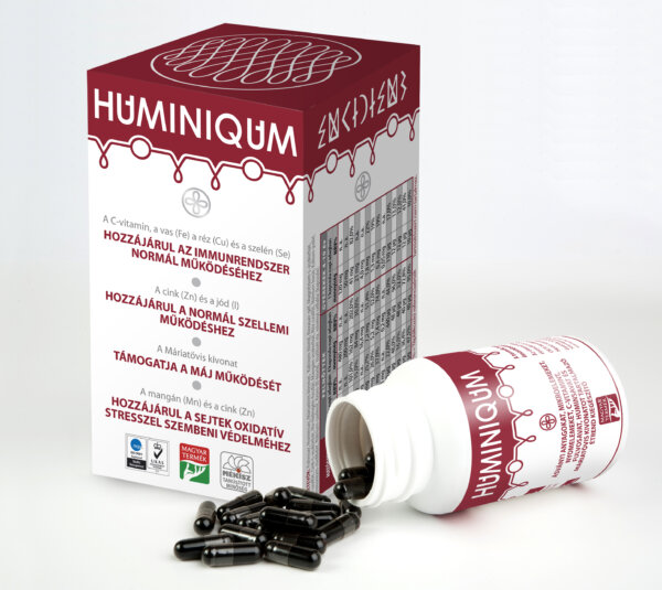 Huminiqum kapszula ásványi anyagokat, C-vitamint, fulvosavat, huminsavat és máriatövis kivonatot tartalmaz, 120 darabos kiszerelésben